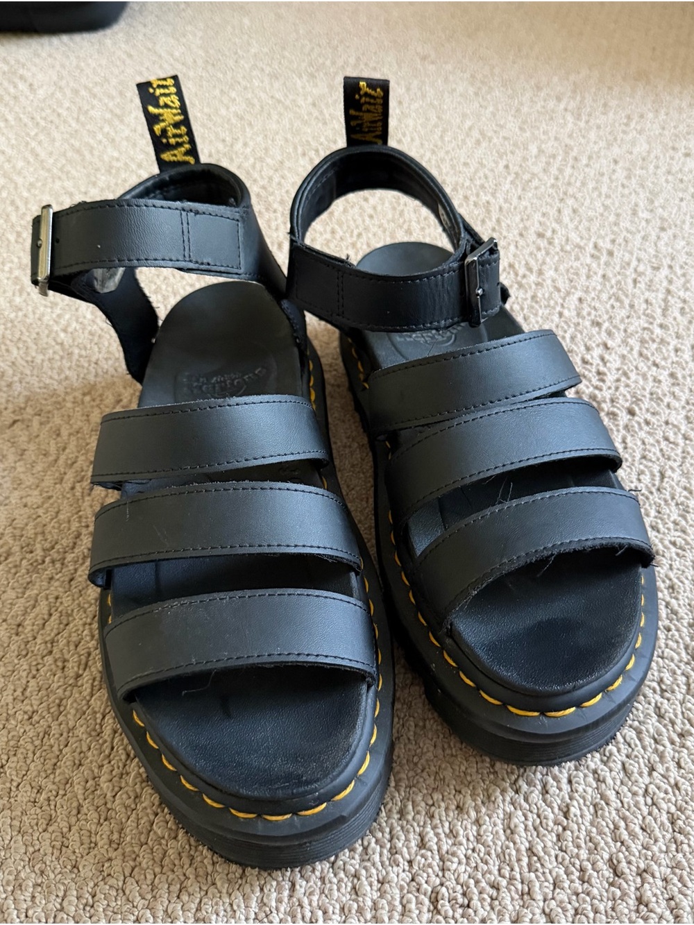 Dr. Martens Blaire Black Leather Multi-Strap Platform Sandals & Yellow Stitching